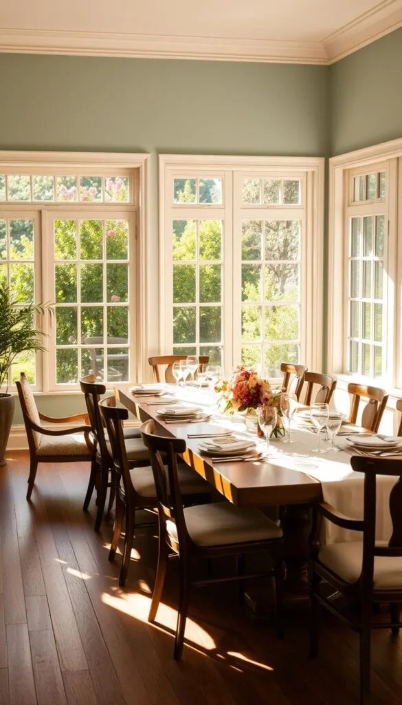 A sun-drenched, elegant summer dining room with an inviting, relaxed atmosphere. The scene features a long wooden dining table surrounded by comfortable chairs, with a large window overlooking a lush, verdant garden. The table is set with crisp white linen, delicate floral arrangements, and sparkling glassware, creating a refined yet warm ambiance. Soft, natural light filters in, casting a golden glow and accentuating the room's airy, open feel. The walls are a soothing, muted palette of blues and greens, complementing the natural hues of the outdoor scene visible through the window. Gentle breezes carry the subtle fragrance of blooming flowers, creating a serene, sun-kissed dining experience.