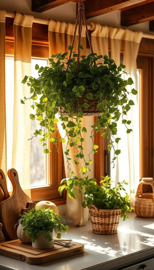 A sun-drenched kitchen, with a centerpiece of lush, verdant foliage cascading from a rustic hanging planter. Surrounding it, an array of natural, earthy accessories - a cutting board of carved wood, a ceramic utensil holder, and a woven basket brimming with fresh herbs. The scene is bathed in warm, golden light, filtering through sheer curtains that gently sway. The overall atmosphere is one of relaxed, organic elegance - a harmonious blend of nature and functionality, creating a tranquil and inviting space.