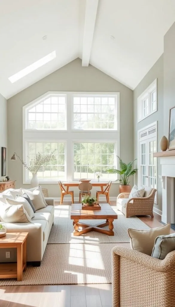 A sun-drenched modern farmhouse interior, filled with a harmonious color palette of soft whites, warm grays, and muted greens. In the foreground, a cozy sofa in a subtle beige hue, accented by plush pillows in complementary tones. The middle ground showcases natural wood furniture, such as a rustic coffee table and end tables, adding depth and texture. In the background, large windows allow natural light to flood the space, casting a gentle glow on the walls painted in a soothing, muted shade of green. The overall atmosphere is one of relaxed sophistication, perfectly capturing the essence of the modern farmhouse aesthetic.