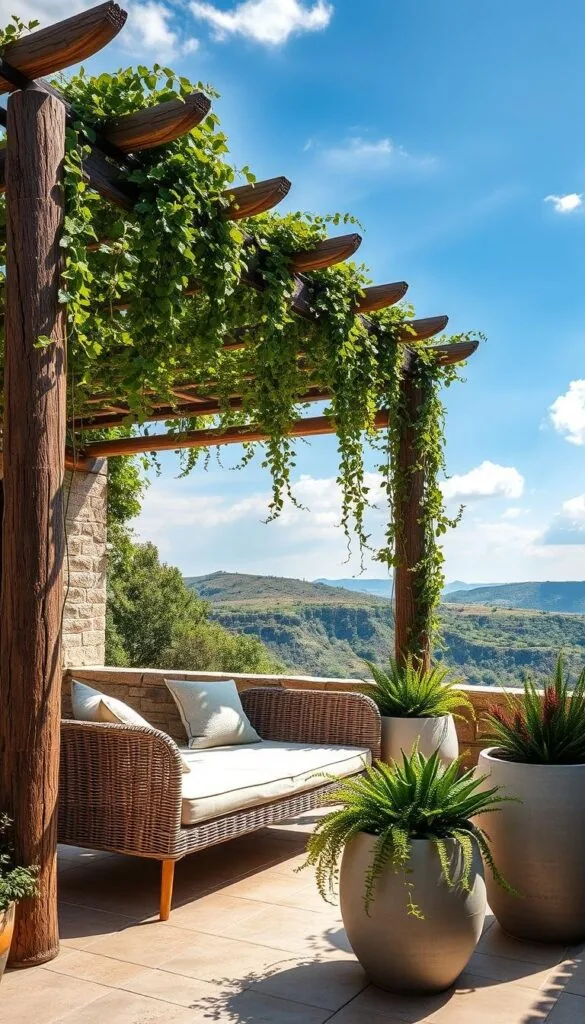 A sun-drenched outdoor oasis, with a rustic wooden pergola draped in lush vines and cascading greenery. In the foreground, a woven rattan daybed invites relaxation, flanked by modern ceramic planters overflowing with verdant foliage. Muted earthy tones and natural textures create a soothing, nature-inspired ambiance. Soft, diffused lighting filters through the pergola, casting gentle shadows and highlighting the organic materials. The scene is framed by a backdrop of rolling hills and a cloudless azure sky, exuding a sense of tranquility and harmony with the great outdoors.