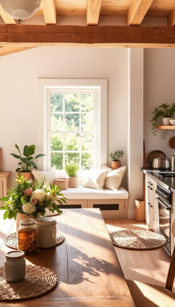 A sun-drenched summer kitchen, warm and inviting. In the foreground, a farmhouse-style wooden table with a fresh floral centerpiece and woven placemats, casting soft shadows. Surrounding it, an array of jars, bowls, and rustic cooking utensils, suggesting a space brimming with culinary potential. In the middle ground, a window seat nestled beneath an airy, white-trimmed window, offering a view of a lush, verdant garden. The background features exposed beams, whitewashed walls, and a few strategically placed potted plants, creating a harmonious blend of nature and modernized farmhouse charm. The lighting is soft and diffused, casting a golden glow and highlighting the natural textures throughout the room. An atmosphere of relaxed functionality and effortless style, perfect for gathering, cooking, and experiencing the joys of summer.