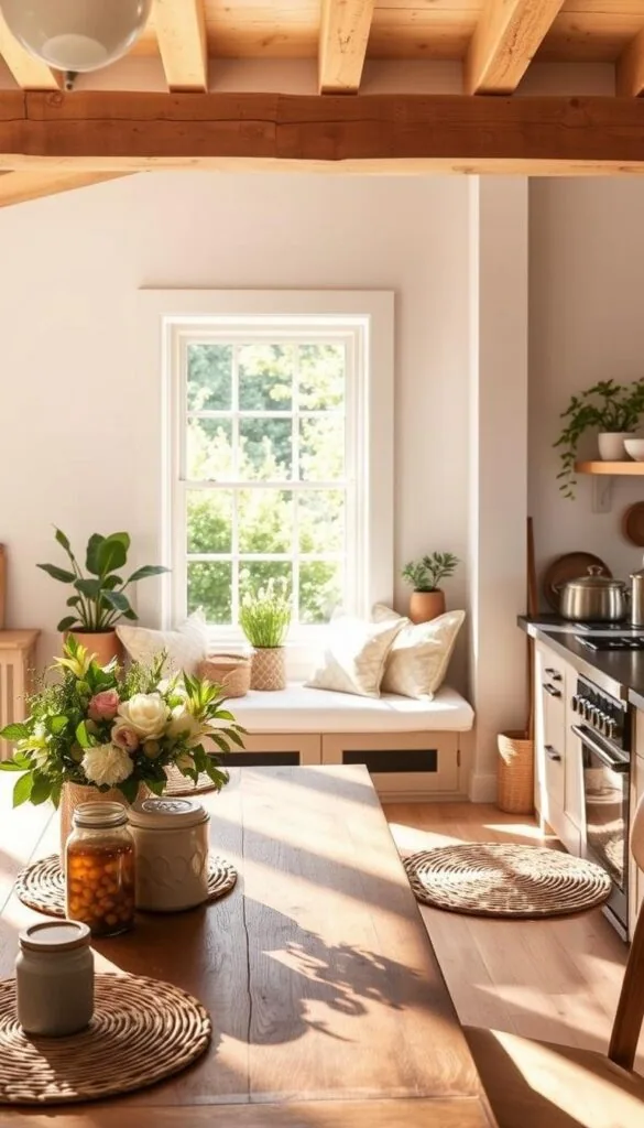 A sun-drenched summer kitchen, warm and inviting. In the foreground, a farmhouse-style wooden table with a fresh floral centerpiece and woven placemats, casting soft shadows. Surrounding it, an array of jars, bowls, and rustic cooking utensils, suggesting a space brimming with culinary potential. In the middle ground, a window seat nestled beneath an airy, white-trimmed window, offering a view of a lush, verdant garden. The background features exposed beams, whitewashed walls, and a few strategically placed potted plants, creating a harmonious blend of nature and modernized farmhouse charm. The lighting is soft and diffused, casting a golden glow and highlighting the natural textures throughout the room. An atmosphere of relaxed functionality and effortless style, perfect for gathering, cooking, and experiencing the joys of summer.