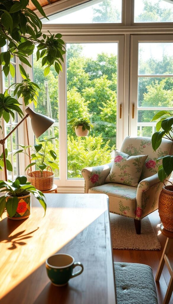 A sun-drenched summer office, filled with vibrant greenery and natural materials. In the foreground, a wooden desk with a potted plant, a colorful mug, and a stylish desk lamp casting a warm glow. The middle ground features a comfortable armchair upholstered in a breezy floral pattern, accented by a woven basket and a throw pillow. In the background, a large window overlooking a lush, verdant landscape, allowing ample natural light to pour in. The overall atmosphere is one of relaxation and inspiration, capturing the essence of summer's embrace within the workspace. A sun-drenched summer office, filled with vibrant greenery and natural materials. In the foreground, a wooden desk with a potted plant, a colorful mug, and a stylish desk lamp casting a warm glow. The middle ground features a comfortable armchair upholstered in a breezy floral pattern, accented by a woven basket and a throw pillow. In the background, a large window overlooking a lush, verdant landscape, allowing ample natural light to pour in. The overall atmosphere is one of relaxation and inspiration, capturing the essence of summer's embrace within the workspace.