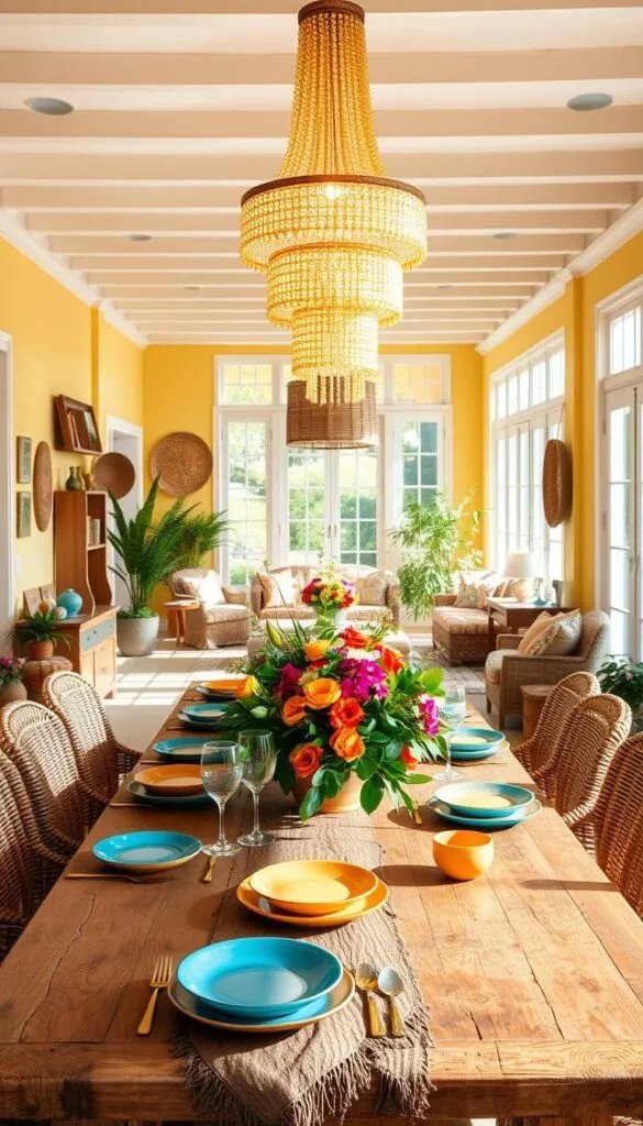 A sun-drenched, vibrant summer dining room with a beautifully set table. In the foreground, a rustic wooden table adorned with a vibrant floral centerpiece, lush greenery, and vibrant tableware in hues of ochre, terracotta, and azure. Overhead, a cascading chandelier casts a warm, golden glow, illuminating the space. In the middle ground, large windows allow natural light to flood the room, creating a sense of openness and airiness. In the background, walls painted in a soft, sun-kissed yellow, accented with natural textures like woven baskets and rattan furnishings, exuding a relaxed, summery ambiance. The overall mood is one of effortless elegance and a celebration of the season.