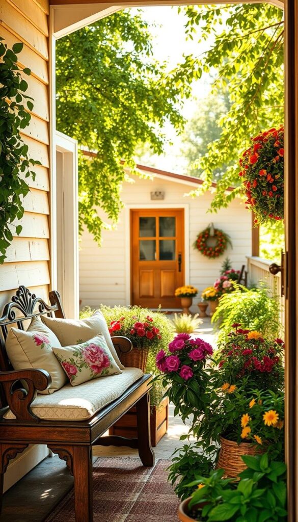 A sun-drenched, welcoming summer farmhouse entryway, adorned with an abundance of lush greenery and vibrant floral accents. The foreground features an ornate wooden bench, topped with fluffy floral-patterned cushions, inviting visitors to pause and admire the charming scene. Beside it, a woven basket overflows with freshly cut blooms, their colors and textures complementing the rustic wooden door frame. In the middle ground, a series of potted plants line the entryway, their leaves gently swaying in the soft summer breeze. The background showcases the weathered, whitewashed siding of the farmhouse, framed by a canopy of verdant trees, casting a warm, golden glow over the entire space. The image is captured at a slightly angled perspective, emphasizing the inviting, comforting atmosphere of this idyllic summer farmhouse entryway. A sun-drenched, welcoming summer farmhouse entryway, adorned with an abundance of lush greenery and vibrant floral accents. The foreground features an ornate wooden bench, topped with fluffy floral-patterned cushions, inviting visitors to pause and admire the charming scene. Beside it, a woven basket overflows with freshly cut blooms, their colors and textures complementing the rustic wooden door frame. In the middle ground, a series of potted plants line the entryway, their leaves gently swaying in the soft summer breeze. The background showcases the weathered, whitewashed siding of the farmhouse, framed by a canopy of verdant trees, casting a warm, golden glow over the entire space. The image is captured at a slightly angled perspective, emphasizing the inviting, comforting atmosphere of this idyllic summer farmhouse entryway.