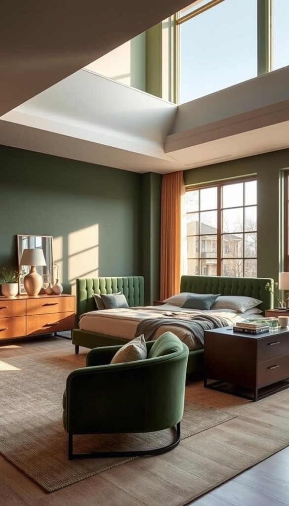 A tastefully curated modern green bedroom featuring a luxurious king-size bed with a plush velvet headboard, complemented by a stylish dresser and nightstands in a rich, earthy tone. The room is bathed in warm, natural light filtering through large, energy-efficient windows, casting a serene glow over the well-appointed space. Accent pieces, such as a cozy armchair and a sleek, minimalist desk, seamlessly blend function and aesthetics, creating a harmonious and inviting atmosphere. The overall design effortlessly balances the soothing tones of the green furniture with subtle touches of organic materials, like wood and natural fibers, for a calming and rejuvenating ambiance.