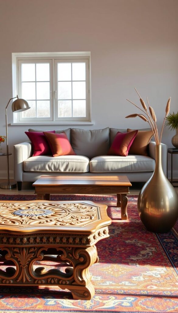 A traditional ethnic design scheme with a modern twist. In the foreground, an ornate, hand-carved wooden coffee table sits atop a vibrant, patterned area rug. Mid-frame, a minimalist sofa in muted tones complements plush, jewel-toned throw pillows. The background features a large window, allowing natural light to stream in and illuminate the space. Eclectic, metallic accents, such as a sleek floor lamp and a stylized vase, add a touch of contemporary flair. The overall atmosphere is one of balance, where timeless cultural elements seamlessly integrate with modern, clean-lined aesthetics.
