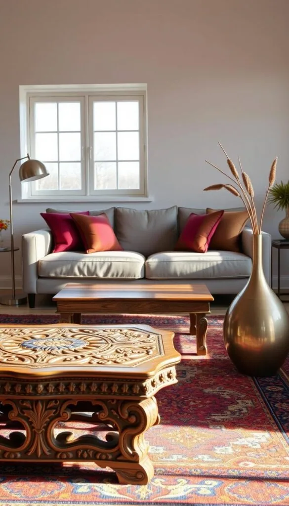 A traditional ethnic design scheme with a modern twist. In the foreground, an ornate, hand-carved wooden coffee table sits atop a vibrant, patterned area rug. Mid-frame, a minimalist sofa in muted tones complements plush, jewel-toned throw pillows. The background features a large window, allowing natural light to stream in and illuminate the space. Eclectic, metallic accents, such as a sleek floor lamp and a stylized vase, add a touch of contemporary flair. The overall atmosphere is one of balance, where timeless cultural elements seamlessly integrate with modern, clean-lined aesthetics.