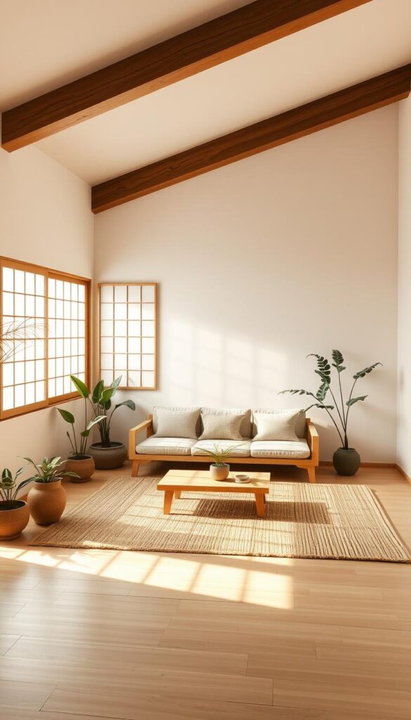 A tranquil Japanese zen-inspired living room, bathed in natural light filtering through shoji screens. A low-profile sofa in pale wood rests on a woven straw mat, surrounded by potted plants and a minimalist coffee table. The space exudes a serene, earthy ambiance, with walls in soft white plaster and timber beams overhead. Subtle texture comes from the tactile materials - bamboo, paper, and stone - creating a harmonious, uncluttered atmosphere. Diffused, golden-hour illumination casts a warm, meditative glow, inviting contemplation and relaxation.