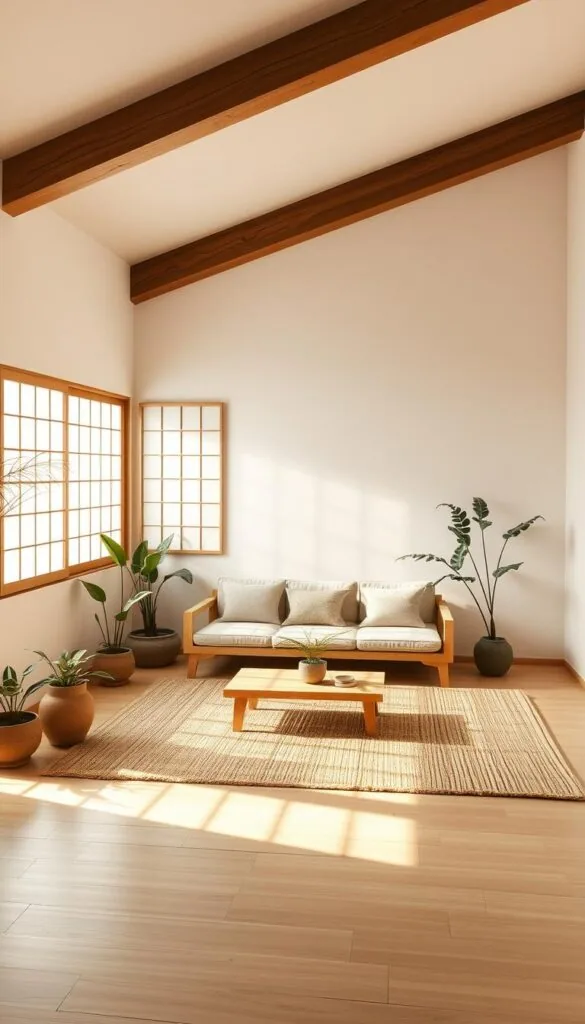 A tranquil Japanese zen-inspired living room, bathed in natural light filtering through shoji screens. A low-profile sofa in pale wood rests on a woven straw mat, surrounded by potted plants and a minimalist coffee table. The space exudes a serene, earthy ambiance, with walls in soft white plaster and timber beams overhead. Subtle texture comes from the tactile materials - bamboo, paper, and stone - creating a harmonious, uncluttered atmosphere. Diffused, golden-hour illumination casts a warm, meditative glow, inviting contemplation and relaxation.
