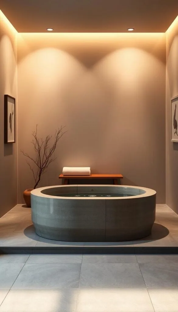 A tranquil, Zen-inspired bathroom with an Ofuro soaking tub as the centerpiece. The tub, crafted from natural stone, is set against a backdrop of minimalist, Japanese-inspired decor. Soft, diffused lighting casts a warm glow, creating an atmosphere of serenity and relaxation. The walls are adorned with simple, abstract art pieces, while a wooden bench and a delicate potted plant add touches of natural elegance. The floor is covered in smooth, polished stone tiles, seamlessly blending the indoor and outdoor elements. The overall aesthetic is one of understated sophistication, inviting the user to disconnect and immerse themselves in a moments of pure, meditative calm. A tranquil, Zen-inspired bathroom with an Ofuro soaking tub as the centerpiece. The tub, crafted from natural stone, is set against a backdrop of minimalist, Japanese-inspired decor. Soft, diffused lighting casts a warm glow, creating an atmosphere of serenity and relaxation. The walls are adorned with simple, abstract art pieces, while a wooden bench and a delicate potted plant add touches of natural elegance. The floor is covered in smooth, polished stone tiles, seamlessly blending the indoor and outdoor elements. The overall aesthetic is one of understated sophistication, inviting the user to disconnect and immerse themselves in a moments of pure, meditative calm.