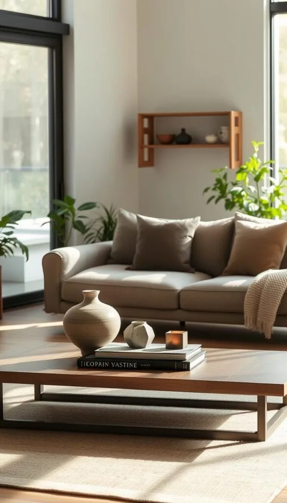 A tranquil and serene Japandi-inspired living room, bathed in soft, natural light from a large window. In the foreground, a low-profile, minimalist coffee table with clean lines and a muted, earthy tone. Arranged neatly on the table, a few carefully curated accessories: a sculptural ceramic vase, a small stack of artfully weathered books, and a simple, geometric candle holder. In the middle ground, a plush, neutral-toned sofa, its clean silhouette complemented by a knitted throw blanket and a pair of decorative pillows in muted tones. The background features a few potted plants, their lush greenery adding a touch of nature to the space, and a minimalist, wall-mounted shelving unit displaying a small selection of pottery and other decorative objects. The overall atmosphere is one of tranquility, balance, and understated elegance.