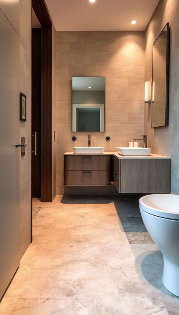A tranquil and well-designed small bathroom, with elegant tile flooring in a subtle herringbone pattern. The flooring is a mix of neutral-toned natural stone tiles, accentuated by occasional pops of soft blue accents. The room is bathed in warm, diffused lighting, creating a serene and inviting atmosphere. The camera captures the scene from a slightly elevated angle, showcasing the thoughtful layout and the harmonious interplay of textures and colors. Sleek fixtures, minimalist vanity, and a large wall mirror complete the sophisticated yet functional design.
