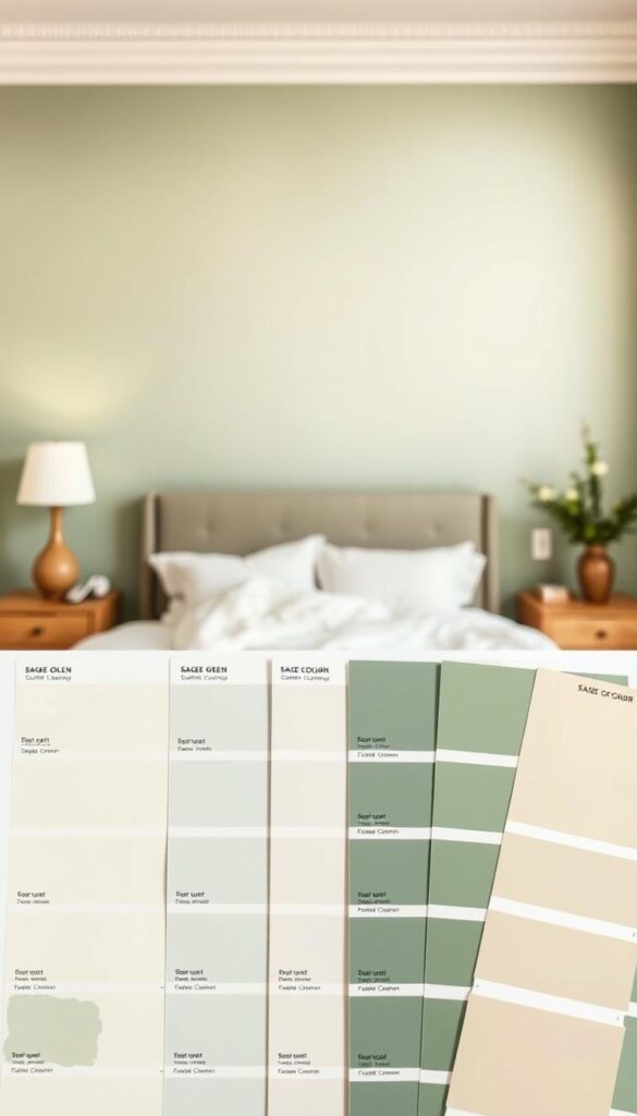 A tranquil bedroom setting with a serene sage green wall, showcasing a variety of subtle shades and hues. The walls are bathed in warm, diffused lighting, creating a calming ambiance. In the foreground, various paint swatches and color samples are elegantly displayed, allowing the viewer to compare and contrast the different tones of sage green. The middle ground features a cozy bed with crisp white linens, complementing the soothing wall color. The background is softly blurred, emphasizing the focus on the color options. The overall scene radiates a sense of relaxation and harmony, perfectly capturing the essence of a serene sage green bedroom. A tranquil bedroom setting with a serene sage green wall, showcasing a variety of subtle shades and hues. The walls are bathed in warm, diffused lighting, creating a calming ambiance. In the foreground, various paint swatches and color samples are elegantly displayed, allowing the viewer to compare and contrast the different tones of sage green. The middle ground features a cozy bed with crisp white linens, complementing the soothing wall color. The background is softly blurred, emphasizing the focus on the color options. The overall scene radiates a sense of relaxation and harmony, perfectly capturing the essence of a serene sage green bedroom.