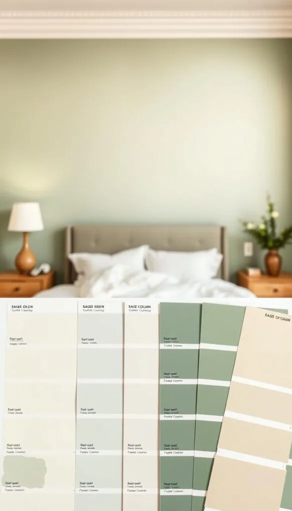 A tranquil bedroom setting with a serene sage green wall, showcasing a variety of subtle shades and hues. The walls are bathed in warm, diffused lighting, creating a calming ambiance. In the foreground, various paint swatches and color samples are elegantly displayed, allowing the viewer to compare and contrast the different tones of sage green. The middle ground features a cozy bed with crisp white linens, complementing the soothing wall color. The background is softly blurred, emphasizing the focus on the color options. The overall scene radiates a sense of relaxation and harmony, perfectly capturing the essence of a serene sage green bedroom. A tranquil bedroom setting with a serene sage green wall, showcasing a variety of subtle shades and hues. The walls are bathed in warm, diffused lighting, creating a calming ambiance. In the foreground, various paint swatches and color samples are elegantly displayed, allowing the viewer to compare and contrast the different tones of sage green. The middle ground features a cozy bed with crisp white linens, complementing the soothing wall color. The background is softly blurred, emphasizing the focus on the color options. The overall scene radiates a sense of relaxation and harmony, perfectly capturing the essence of a serene sage green bedroom.