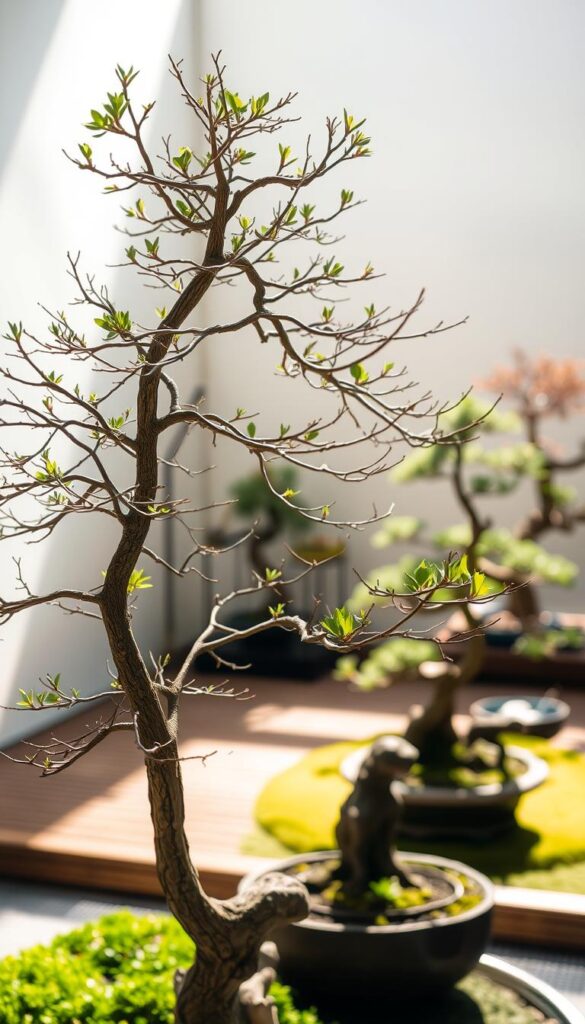 A tranquil bonsai garden, bathed in soft natural light. In the foreground, a meticulously pruned and shaped bonsai tree, its intricate branches and delicate foliage captured in intricate detail. The middle ground showcases a serene display of complementary bonsai specimens, their miniature trunks and sculpted forms arranged harmoniously. In the background, a subtle rock garden or moss-covered floor adds depth and a sense of balance to the composition. The overall scene evokes a peaceful, meditative atmosphere, perfectly suited to enhance the Zen-inspired ambiance of a Japanese-style home interior.