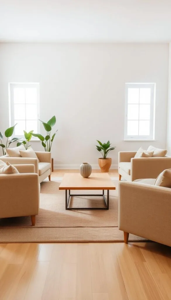 A tranquil living room with a minimalist, neutral color palette. In the foreground, a plush beige sofa and armchair arrangement, their clean lines and soft textures inviting relaxation. On the middle ground, a low-profile wooden coffee table, its natural grain a complementary accent. Behind, a large window floods the space with soft, diffused natural light, casting a serene glow. The walls are painted in a subtle off-white hue, allowing the furniture to take center stage. Lush potted plants in the corners add pops of verdant life, while a muted area rug in earthy tones grounds the composition. An aura of calm sophistication permeates the scene, showcasing how neutral furniture can create a timeless, harmonious living space. A tranquil living room with a minimalist, neutral color palette. In the foreground, a plush beige sofa and armchair arrangement, their clean lines and soft textures inviting relaxation. On the middle ground, a low-profile wooden coffee table, its natural grain a complementary accent. Behind, a large window floods the space with soft, diffused natural light, casting a serene glow. The walls are painted in a subtle off-white hue, allowing the furniture to take center stage. Lush potted plants in the corners add pops of verdant life, while a muted area rug in earthy tones grounds the composition. An aura of calm sophistication permeates the scene, showcasing how neutral furniture can create a timeless, harmonious living space.