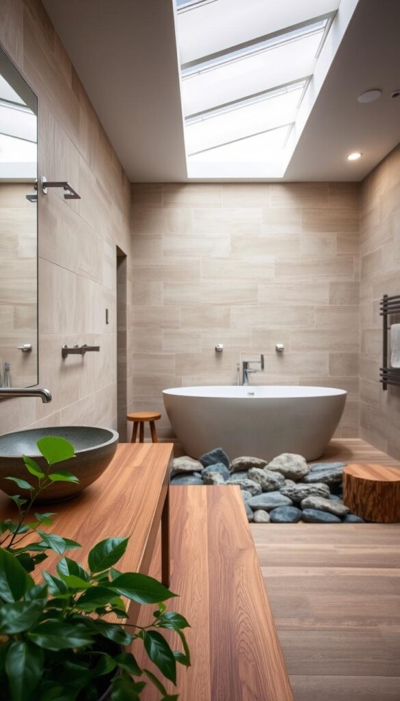 A tranquil, spa-like bathroom scene featuring natural elements. In the foreground, a wooden vanity with a stone basin, accented by lush green foliage. The middle ground showcases a large, freestanding bathtub surrounded by smooth river rocks. In the background, a wall of natural stone tiles creates a serene, earthy ambiance. Gentle, diffused lighting from overhead skylights casts a warm, relaxing glow throughout the space. The overall atmosphere evokes a harmonious fusion of nature and modern design, inspiring a sense of calm and rejuvenation.