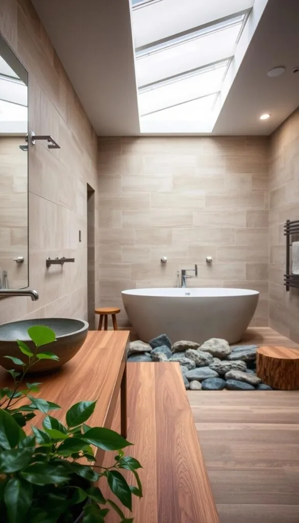 A tranquil, spa-like bathroom scene featuring natural elements. In the foreground, a wooden vanity with a stone basin, accented by lush green foliage. The middle ground showcases a large, freestanding bathtub surrounded by smooth river rocks. In the background, a wall of natural stone tiles creates a serene, earthy ambiance. Gentle, diffused lighting from overhead skylights casts a warm, relaxing glow throughout the space. The overall atmosphere evokes a harmonious fusion of nature and modern design, inspiring a sense of calm and rejuvenation.