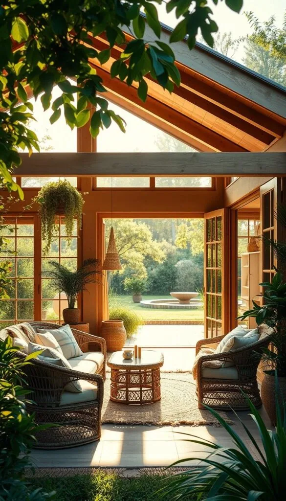 A tranquil, sun-drenched scene of an eco-friendly summer home, nestled amidst lush greenery. In the foreground, a cozy patio adorned with rattan furniture, plush cushions, and hanging plants, bathed in warm, golden light. The middle ground features large windows that showcase an interior filled with natural materials, such as wooden beams, jute rugs, and minimalist decor. In the background, a verdant garden with swaying trees and a glimpse of a sustainable water feature, reflecting the serene atmosphere. The overall mood is one of harmony, comfort, and a deep connection to nature.