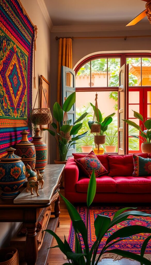 A vibrant and colorful living room, filled with Latin American design elements. In the foreground, a handwoven tapestry in bold hues adorns the wall, complemented by intricate ceramic vases and figurines on a rustic wooden console table. The middle ground features a plush, jewel-toned sofa, accented with embroidered throw pillows and a vibrant, patterned area rug. Lush, tropical plants in macrame hangers add a lush, jungle-inspired touch, while the background showcases a large window overlooking a sun-drenched courtyard, framed by colorful, hand-painted shutters. Warm, golden lighting casts a cozy, inviting glow throughout the space, capturing the essence of Latin American vibrancy and tradition in home decor.
