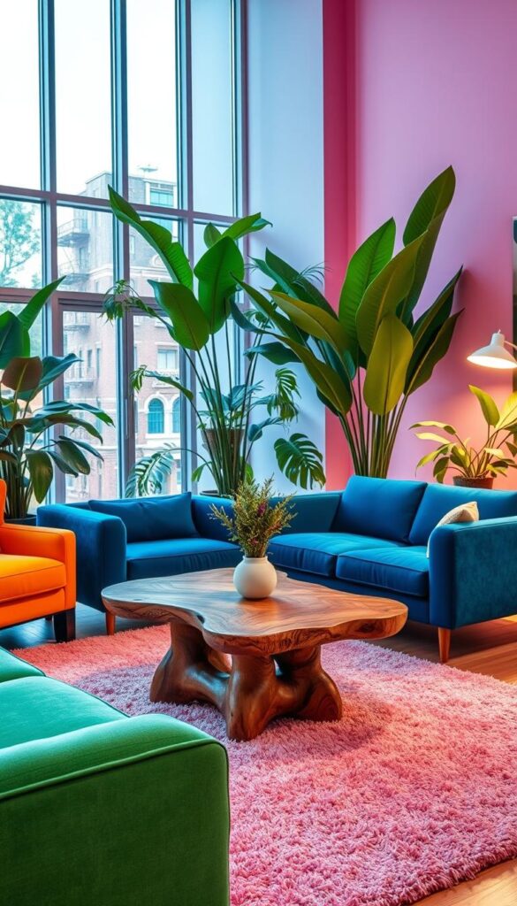A vibrant and harmonious living space, featuring an arrangement of colorful furniture pieces. In the foreground, a plush, jewel-toned sofa and armchair create a cozy seating area, accented by a shag rug in a complementary hue. In the middle ground, a wooden coffee table with a unique, sculptural base stands as a central focal point. The background showcases floor-to-ceiling windows, allowing natural light to flood the room and illuminate the vibrant colors. Lush, verdant plants add pops of greenery, while sleek, minimalist lighting fixtures cast a warm, inviting glow. The overall atmosphere is one of playful sophistication, striking a balance between bold, eclectic design and a serene, calming ambiance. A vibrant and harmonious living space, featuring an arrangement of colorful furniture pieces. In the foreground, a plush, jewel-toned sofa and armchair create a cozy seating area, accented by a shag rug in a complementary hue. In the middle ground, a wooden coffee table with a unique, sculptural base stands as a central focal point. The background showcases floor-to-ceiling windows, allowing natural light to flood the room and illuminate the vibrant colors. Lush, verdant plants add pops of greenery, while sleek, minimalist lighting fixtures cast a warm, inviting glow. The overall atmosphere is one of playful sophistication, striking a balance between bold, eclectic design and a serene, calming ambiance.