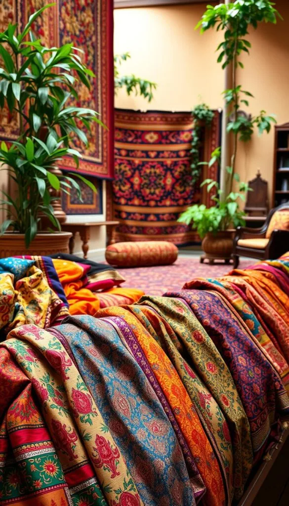 A vibrant and intricate display of traditional Indian textiles, showcasing the rich cultural heritage and skilled craftsmanship. In the foreground, an array of colorful fabrics, from delicate silks to intricate brocades, adorned with intricate patterns and motifs inspired by nature, mythology, and the vibrant tapestry of Indian life. The middle ground features skillfully woven carpets and tapestries, their intricate designs and vivid hues creating a captivating visual symphony. In the background, a warm, softly lit setting, with hints of antique wooden furniture and lush, verdant greenery, lending an air of timeless elegance and tranquility. The overall composition evokes a sense of timeless beauty, inviting the viewer to explore the stories and traditions woven into the very fabric of these exquisite Indian textiles. A vibrant and intricate display of traditional Indian textiles, showcasing the rich cultural heritage and skilled craftsmanship. In the foreground, an array of colorful fabrics, from delicate silks to intricate brocades, adorned with intricate patterns and motifs inspired by nature, mythology, and the vibrant tapestry of Indian life. The middle ground features skillfully woven carpets and tapestries, their intricate designs and vivid hues creating a captivating visual symphony. In the background, a warm, softly lit setting, with hints of antique wooden furniture and lush, verdant greenery, lending an air of timeless elegance and tranquility. The overall composition evokes a sense of timeless beauty, inviting the viewer to explore the stories and traditions woven into the very fabric of these exquisite Indian textiles.