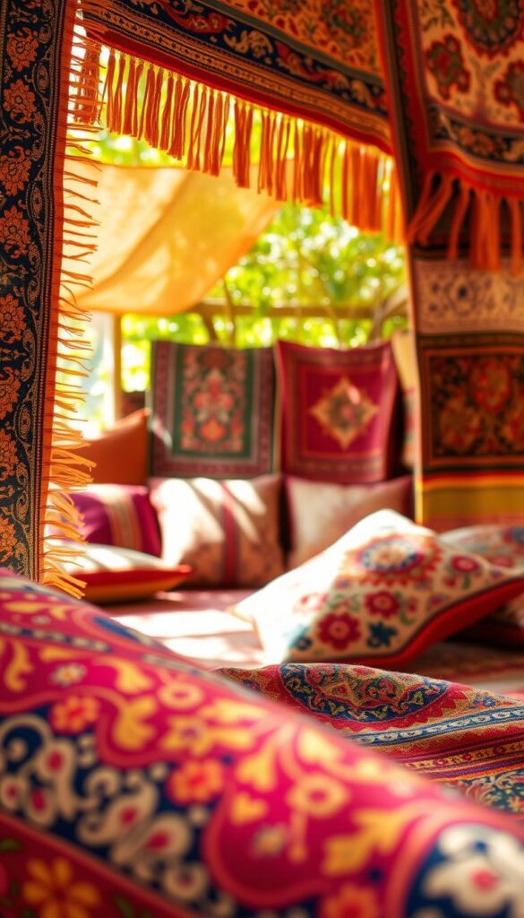 A vibrant and intricate tapestry, showcasing the rich cultural heritage of ethnic textiles. In the foreground, a captivating array of patterns and textures, woven with threads of gold, indigo, and vermilion. Delicate floral motifs and geometric designs dance across the fabric, each stitch a testament to the skilled hands of artisans. In the middle ground, a selection of handcrafted cushions, throws, and rugs, their colors and motifs complementing one another in a harmonious symphony. The background reveals a serene, sun-dappled space, where the textiles are artfully displayed, casting a warm, inviting glow. Lighting is soft and diffused, highlighting the depth and nuance of the textiles. The camera angle is slightly elevated, allowing the viewer to appreciate the intricate details and the overall visual impact of these cultural treasures.