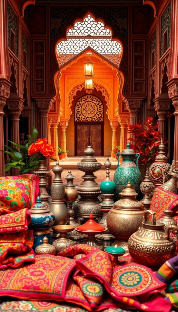 A vibrant and ornate arrangement of traditional Indian color palettes, showcasing the rich cultural heritage and artistry of the subcontinent. In the foreground, a striking display of vivid textiles, intricate patterns, and bold hues, including deep reds, vibrant oranges, lush greens, and shimmering golds. In the middle ground, an array of handcrafted ceramics, metalwork, and carved wooden accents, each piece reflecting the skilled craftsmanship of local artisans. The background features a serene, yet dynamic, backdrop of architectural elements inspired by Indian design, with ornate archways, detailed latticework, and a warm, diffused lighting that creates a sense of timeless elegance. The overall composition celebrates the vibrant and captivating color palettes that are integral to the rich tapestry of Indian home decor.