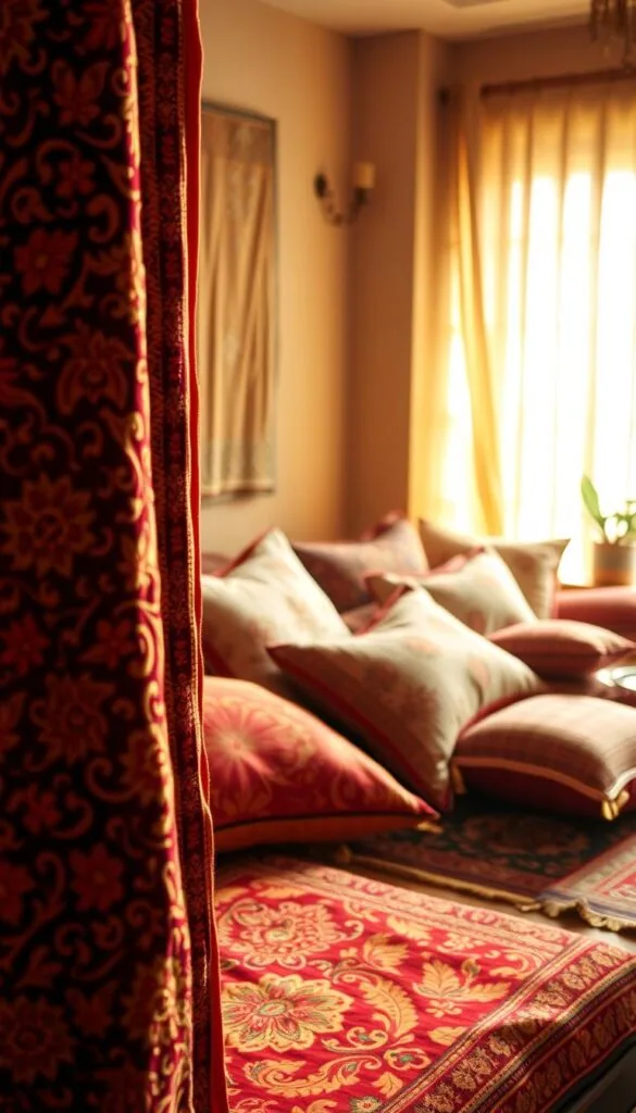 A vibrant and ornate display of traditional Indian home decor textiles. In the foreground, a richly patterned and intricately embroidered textile, perhaps a tapestry or wall hanging, with intricate floral and geometric motifs in a warm color palette of reds, oranges, and golds. In the middle ground, an assortment of plush cushions and throws, each with its own unique textile design, textures, and hues, evoking the rich cultural heritage of India. The background features a softly-lit, earthy-toned room setting, with natural light filtering in and casting a warm glow on the textiles, creating a cozy and inviting atmosphere. The overall scene captures the essence of authentic, traditional Indian home decor, showcasing the vibrant and intricate textile craftsmanship that is a hallmark of this timeless design aesthetic.