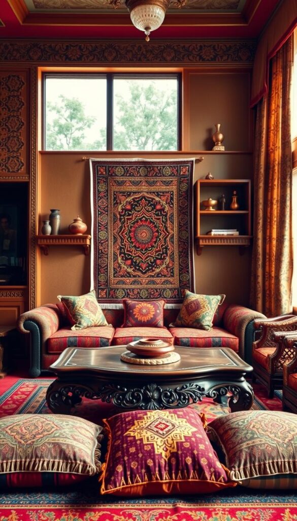 A vibrant and richly decorated Indian-inspired living room with intricate patterns, warm colors, and traditional craftsmanship. The foreground features an ornate, hand-carved wooden coffee table surrounded by plush, jewel-toned floor cushions. The middle ground showcases a striking, embroidered tapestry hung on the wall, complemented by intricately carved wooden shelves displaying decorative elements like brass figurines and ceramic vases. The background depicts large windows that flood the space with natural light, framed by sheer, patterned curtains. The overall atmosphere is one of elegance, cultural heritage, and a harmonious blend of modern and traditional design elements.