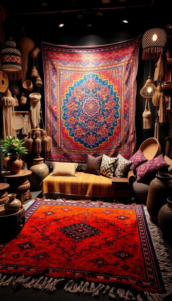 A vibrant and visually striking arrangement of ethnic home decor elements, featuring a harmonious blend of textures, patterns, and colors from diverse global influences. In the foreground, a plush Moroccan-style rug in warm hues anchors the space, surrounded by carved wooden side tables and intricate ceramics. In the middle ground, a large, intricately woven tapestry in vivid shades of indigo and ochre dominates the wall, casting a soft, ambient glow. In the background, a collection of handcrafted baskets, macrame wall hangings, and ornate lanterns create an immersive, global ambiance. Dramatic lighting casts dramatic shadows, enhancing the depth and richness of the scene. The overall effect is a harmonious, multicultural haven that seamlessly blends traditional and modern elements.