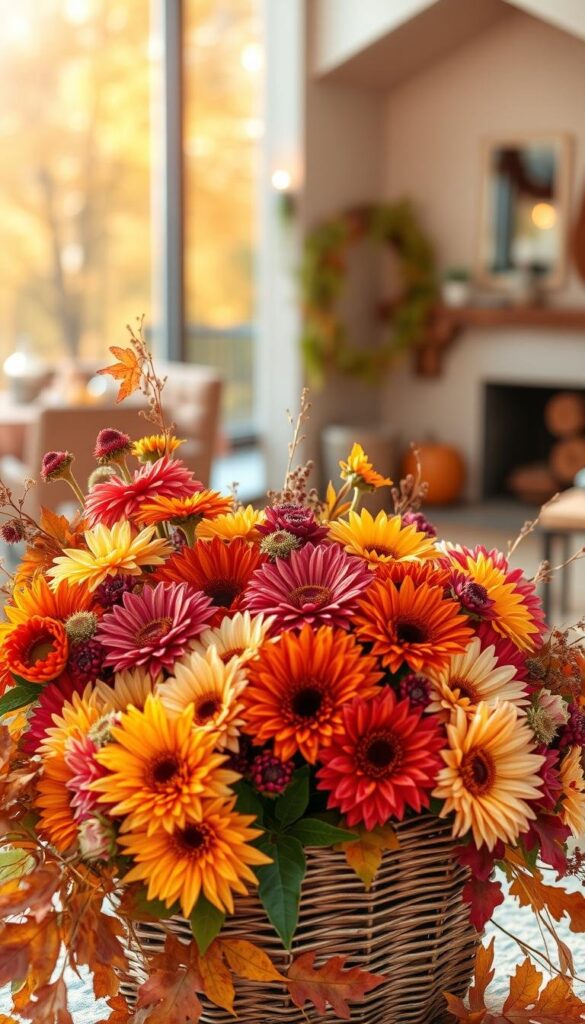A vibrant arrangement of autumn-hued flowers and foliage, bathed in warm, golden afternoon light. In the foreground, a lush bouquet of chrysanthemums, dahlias, and sunflowers, their rich colors complemented by the earthy tones of fallen leaves and twigs. In the middle ground, a woven wicker basket provides a rustic contrast, its neutral tones drawing the eye to the vivid floral display. Behind, a softly blurred background of autumnal trees and a cozy, inviting interior space, suggesting a serene, harvest-inspired setting. The overall composition evokes a sense of nature's abundant bounty and the beauty of the changing seasons, creating a welcoming, autumnal ambiance. A vibrant arrangement of autumn-hued flowers and foliage, bathed in warm, golden afternoon light. In the foreground, a lush bouquet of chrysanthemums, dahlias, and sunflowers, their rich colors complemented by the earthy tones of fallen leaves and twigs. In the middle ground, a woven wicker basket provides a rustic contrast, its neutral tones drawing the eye to the vivid floral display. Behind, a softly blurred background of autumnal trees and a cozy, inviting interior space, suggesting a serene, harvest-inspired setting. The overall composition evokes a sense of nature's abundant bounty and the beauty of the changing seasons, creating a welcoming, autumnal ambiance.