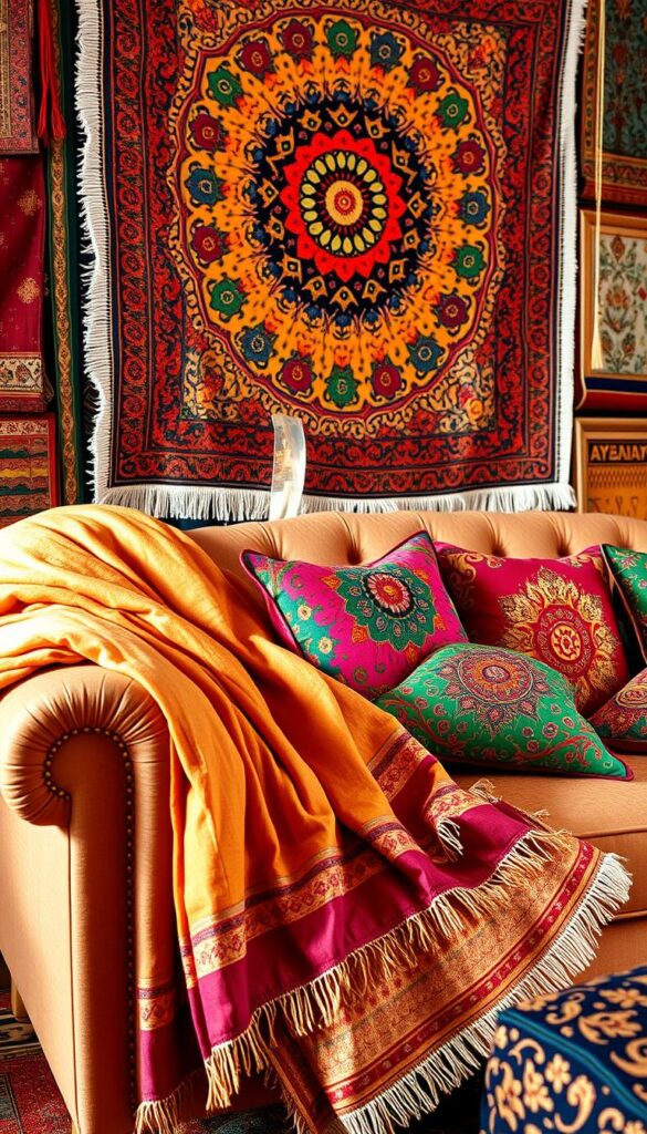 A vibrant array of Desi textiles, adorned with intricate patterns and rich hues, fills the frame. In the foreground, a soft, handwoven throw blanket in shades of ochre and crimson cascades across a plush, tufted sofa. Delicate embroidered cushions in jewel-toned shades of emerald and sapphire are artfully arranged, their intricate designs casting subtle shadows. In the middle ground, a vibrant, handprinted tapestry in a kaleidoscope of colors hangs on the wall, its bold motifs and textures accentuated by warm, directional lighting. The background features a selection of traditional Desi floor coverings, their intricate patterns and muted hues blending seamlessly to create a cohesive, immersive textile-centric scene, evoking the rich heritage and soulful elegance of Desi design. A vibrant array of Desi textiles, adorned with intricate patterns and rich hues, fills the frame. In the foreground, a soft, handwoven throw blanket in shades of ochre and crimson cascades across a plush, tufted sofa. Delicate embroidered cushions in jewel-toned shades of emerald and sapphire are artfully arranged, their intricate designs casting subtle shadows. In the middle ground, a vibrant, handprinted tapestry in a kaleidoscope of colors hangs on the wall, its bold motifs and textures accentuated by warm, directional lighting. The background features a selection of traditional Desi floor coverings, their intricate patterns and muted hues blending seamlessly to create a cohesive, immersive textile-centric scene, evoking the rich heritage and soulful elegance of Desi design.