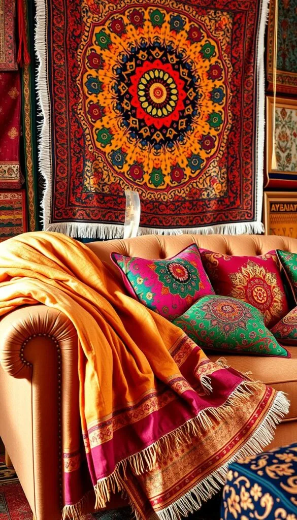 A vibrant array of Desi textiles, adorned with intricate patterns and rich hues, fills the frame. In the foreground, a soft, handwoven throw blanket in shades of ochre and crimson cascades across a plush, tufted sofa. Delicate embroidered cushions in jewel-toned shades of emerald and sapphire are artfully arranged, their intricate designs casting subtle shadows. In the middle ground, a vibrant, handprinted tapestry in a kaleidoscope of colors hangs on the wall, its bold motifs and textures accentuated by warm, directional lighting. The background features a selection of traditional Desi floor coverings, their intricate patterns and muted hues blending seamlessly to create a cohesive, immersive textile-centric scene, evoking the rich heritage and soulful elegance of Desi design. A vibrant array of Desi textiles, adorned with intricate patterns and rich hues, fills the frame. In the foreground, a soft, handwoven throw blanket in shades of ochre and crimson cascades across a plush, tufted sofa. Delicate embroidered cushions in jewel-toned shades of emerald and sapphire are artfully arranged, their intricate designs casting subtle shadows. In the middle ground, a vibrant, handprinted tapestry in a kaleidoscope of colors hangs on the wall, its bold motifs and textures accentuated by warm, directional lighting. The background features a selection of traditional Desi floor coverings, their intricate patterns and muted hues blending seamlessly to create a cohesive, immersive textile-centric scene, evoking the rich heritage and soulful elegance of Desi design.