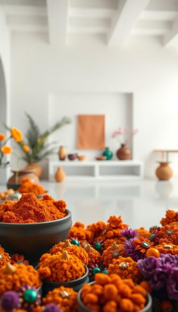 A vibrant array of Indian color palettes in a modern, minimalist setting. Foreground features a curated collection of spice-inspired hues - warm ochres, earthy terracottas, rich saffrons, and vibrant marigolds. Midground showcases jewel-toned accents - deep emeralds, royal amethysts, and shimmering peacock blues. Background renders a serene, whitewashed space with soft, diffused natural lighting. The overall atmosphere evokes a sense of contemporary elegance, cultural heritage, and timeless beauty.