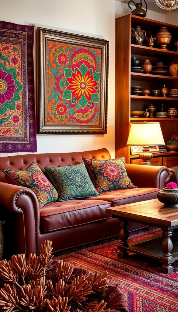 A vibrant array of traditional Indian textiles and ornaments adorns a cozy Desi living space. In the foreground, a plush, handwoven rug in a rich, earthy palette anchors the scene. Intricately patterned throw pillows in jewel-toned hues of ruby, sapphire, and emerald dot a comfortable, tufted sofa. Hanging on the walls, intricate tapestries and framed Madhubani paintings burst with energetic floral motifs and geometric designs. Casting a warm glow, antique brass lamps illuminate the space, complementing the weathered wooden furniture. In the background, a wooden bookshelf displays colorful pottery, brass trinkets, and other curated Desi decor items. The overall atmosphere evokes a sense of timeless cultural heritage and modern, bohemian elegance. A vibrant array of traditional Indian textiles and ornaments adorns a cozy Desi living space. In the foreground, a plush, handwoven rug in a rich, earthy palette anchors the scene. Intricately patterned throw pillows in jewel-toned hues of ruby, sapphire, and emerald dot a comfortable, tufted sofa. Hanging on the walls, intricate tapestries and framed Madhubani paintings burst with energetic floral motifs and geometric designs. Casting a warm glow, antique brass lamps illuminate the space, complementing the weathered wooden furniture. In the background, a wooden bookshelf displays colorful pottery, brass trinkets, and other curated Desi decor items. The overall atmosphere evokes a sense of timeless cultural heritage and modern, bohemian elegance.