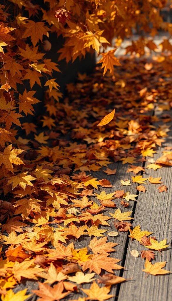 A vibrant autumnal display of scattered fallen leaves, accented with golden hues and warm earthy tones. The foreground features a lush arrangement of maple, oak, and birch leaves in varied shapes and sizes, cascading organically across a rustic wooden surface. In the middle ground, a few stray leaves drift gently in the soft natural lighting, casting delicate shadows. The background fades into a hazy blur, evoking a sense of cozy, nostalgic ambiance. The overall composition captures the essence of the changing seasons, inviting the viewer to embrace the beauty of autumn's vibrant color palette. A vibrant autumnal display of scattered fallen leaves, accented with golden hues and warm earthy tones. The foreground features a lush arrangement of maple, oak, and birch leaves in varied shapes and sizes, cascading organically across a rustic wooden surface. In the middle ground, a few stray leaves drift gently in the soft natural lighting, casting delicate shadows. The background fades into a hazy blur, evoking a sense of cozy, nostalgic ambiance. The overall composition captures the essence of the changing seasons, inviting the viewer to embrace the beauty of autumn's vibrant color palette.
