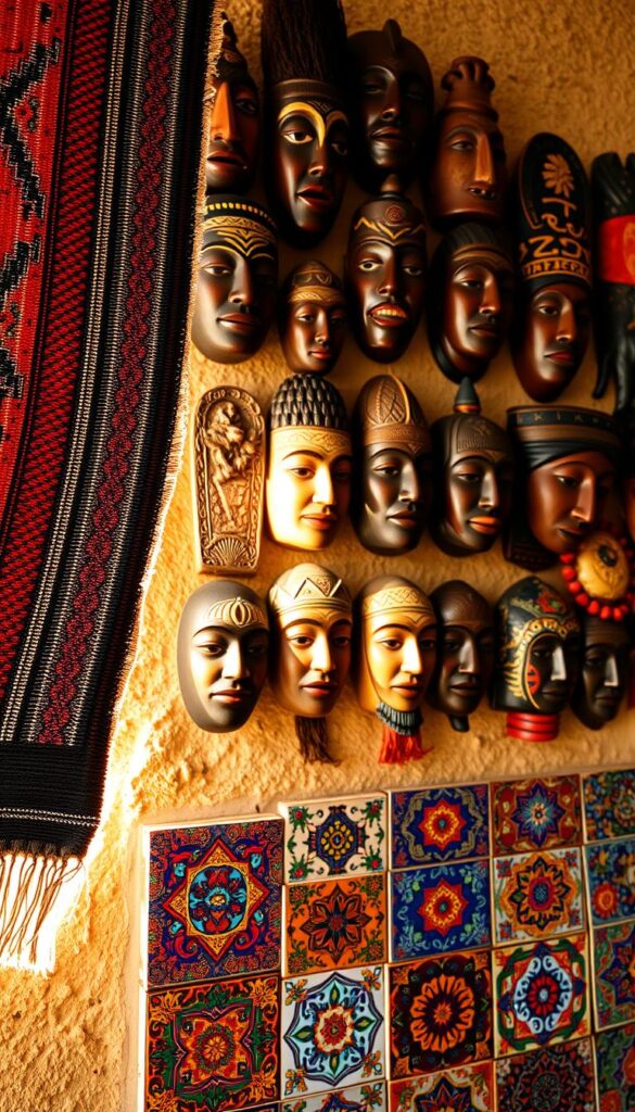 A vibrant collage of ethnic wall decor, capturing the essence of diverse cultural expressions. In the foreground, a tapestry with intricate woven patterns and bold colors hangs gracefully, casting a warm glow from the soft, natural lighting. Surrounding it, an arrangement of handcrafted wooden masks, each with distinct facial features and intricate carvings, creating a captivating display. In the middle ground, a collection of colorful handpainted ceramic tiles, showcasing intricate geometric designs and vibrant hues that seem to dance across the wall. The background features a textured, earthy wall, providing a rustic, authentic backdrop that allows the ethnic pieces to truly shine, telling a powerful story of cultural heritage and artistic expression. A vibrant collage of ethnic wall decor, capturing the essence of diverse cultural expressions. In the foreground, a tapestry with intricate woven patterns and bold colors hangs gracefully, casting a warm glow from the soft, natural lighting. Surrounding it, an arrangement of handcrafted wooden masks, each with distinct facial features and intricate carvings, creating a captivating display. In the middle ground, a collection of colorful handpainted ceramic tiles, showcasing intricate geometric designs and vibrant hues that seem to dance across the wall. The background features a textured, earthy wall, providing a rustic, authentic backdrop that allows the ethnic pieces to truly shine, telling a powerful story of cultural heritage and artistic expression.