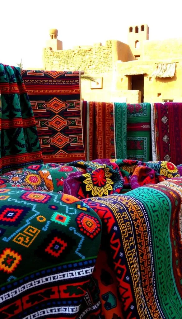 A vibrant collection of African textiles, featuring intricate patterns and bold colors that captivate the senses. In the foreground, a stunning array of woven fabrics, adorned with geometric designs, tribal motifs, and organic shapes that dance across the material. The middle ground showcases a variety of textile techniques, from the rich, textured tapestries to the delicate, shimmering fabrics that catch the warm, natural light. In the background, a glimpse of traditional African architecture, with its earthy tones and distinctive architectural elements, provides a cultural backdrop that grounds the textiles in their ancestral context. The overall mood is one of cultural richness, artistic expression, and a celebration of the enduring legacy of African textile art.