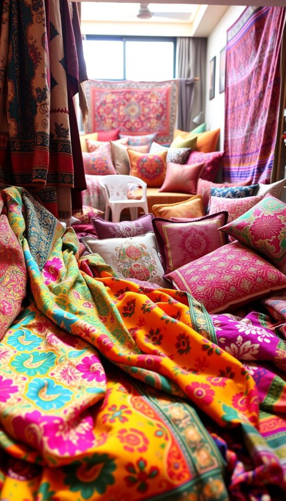 A vibrant collection of traditional Indian textiles, showcasing the rich cultural heritage and intricate craftsmanship. In the foreground, a kaleidoscope of ornate fabrics, including intricately woven silk saris, vibrant cotton block prints, and delicate embroidered shawls. The middle ground features an array of handcrafted cushions, throws, and tapestries, each with its own unique pattern and palette. The background is filled with a softly lit, cozy interior, hinting at the warm and inviting atmosphere of a contemporary Indian home. The lighting is natural, casting a warm glow and highlighting the textural qualities of the fabrics. The camera angle is slightly elevated, providing a comprehensive view of the textiles and their harmonious integration within the modern decor.