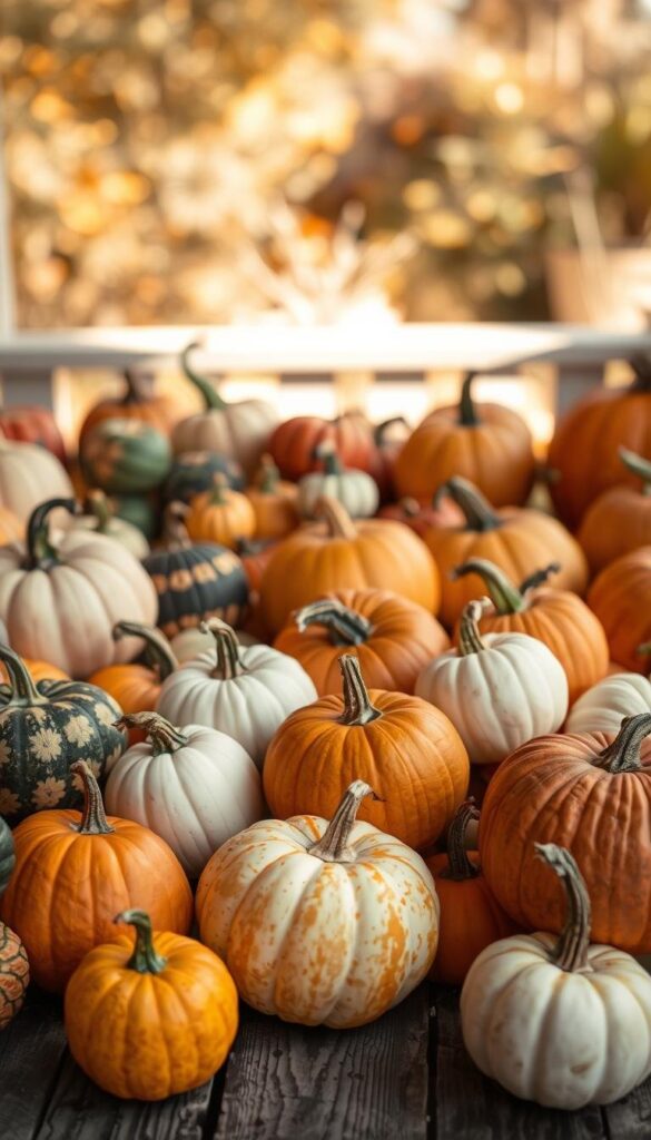 A vibrant display of pumpkin varieties, arranged with care on a rustic wooden surface. In the foreground, an assortment of shapes and hues, from the classic orange to the unusual white and striped varieties. In the middle ground, a mix of gourds and squash in muted tones, creating a harmonious contrast. The background features a warm, golden-hued lighting, casting a cozy and inviting atmosphere, as if captured on a crisp autumn day. The overall composition exudes a sense of abundance and the essence of the fall season, perfect for showcasing a bountiful porch display. A vibrant display of pumpkin varieties, arranged with care on a rustic wooden surface. In the foreground, an assortment of shapes and hues, from the classic orange to the unusual white and striped varieties. In the middle ground, a mix of gourds and squash in muted tones, creating a harmonious contrast. The background features a warm, golden-hued lighting, casting a cozy and inviting atmosphere, as if captured on a crisp autumn day. The overall composition exudes a sense of abundance and the essence of the fall season, perfect for showcasing a bountiful porch display.