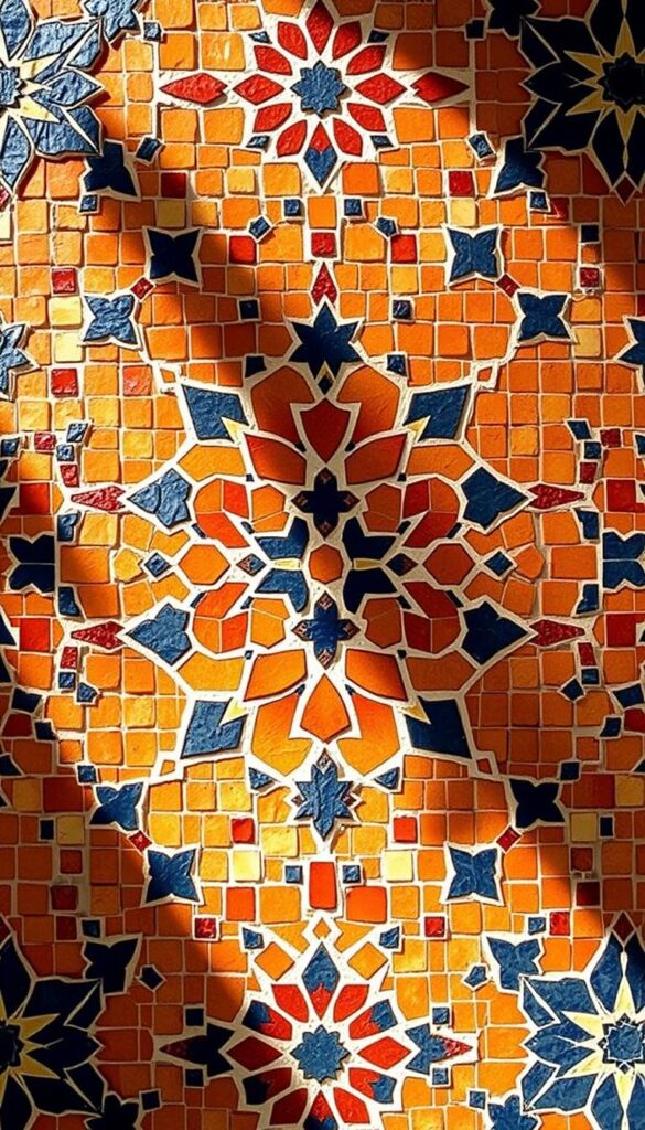 A vibrant, intricate Moroccan mosaic tile pattern fills the frame, capturing the essence of Middle Eastern artistry. The composition features a harmonious blend of geometric shapes and warm, earthy tones, creating a mesmerizing visual tapestry. Tiny, precisely placed tiles in shades of terracotta, ochre, and deep blue dance across the surface, forming a mesmerizing, symmetrical design. Soft, diffused lighting casts gentle shadows, highlighting the depth and texture of the mosaic work. The scene exudes a sense of timeless elegance and cultural richness, transporting the viewer to the captivating world of Moroccan design. A vibrant, intricate Moroccan mosaic tile pattern fills the frame, capturing the essence of Middle Eastern artistry. The composition features a harmonious blend of geometric shapes and warm, earthy tones, creating a mesmerizing visual tapestry. Tiny, precisely placed tiles in shades of terracotta, ochre, and deep blue dance across the surface, forming a mesmerizing, symmetrical design. Soft, diffused lighting casts gentle shadows, highlighting the depth and texture of the mosaic work. The scene exudes a sense of timeless elegance and cultural richness, transporting the viewer to the captivating world of Moroccan design.