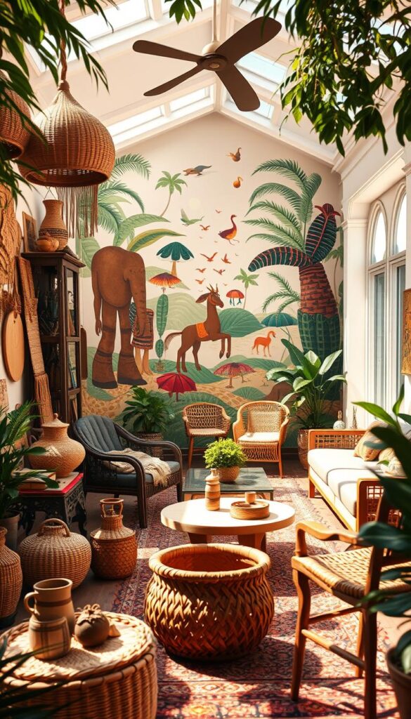 A vibrant journey through the evolution of Afrohemian decor, captured in a lush, sun-drenched scene. In the foreground, a curated collection of handcrafted textiles, woven baskets, and intricate wood carvings in warm, earthy tones, reflecting the rich cultural heritage. The middle ground showcases a harmonious blend of traditional and modern furnishings, from ornate carved chairs to sleek midcentury-inspired tables, all infused with a vibrant, eclectic spirit. In the background, a mural-like wall mural depicts the diverse influences that have shaped Afrohemian style over time, with bold patterns, vibrant colors, and symbolic imagery. The scene is bathed in soft, natural light, creating a welcoming, cozy atmosphere that celebrates the evolution of this distinctive design aesthetic. A vibrant journey through the evolution of Afrohemian decor, captured in a lush, sun-drenched scene. In the foreground, a curated collection of handcrafted textiles, woven baskets, and intricate wood carvings in warm, earthy tones, reflecting the rich cultural heritage. The middle ground showcases a harmonious blend of traditional and modern furnishings, from ornate carved chairs to sleek midcentury-inspired tables, all infused with a vibrant, eclectic spirit. In the background, a mural-like wall mural depicts the diverse influences that have shaped Afrohemian style over time, with bold patterns, vibrant colors, and symbolic imagery. The scene is bathed in soft, natural light, creating a welcoming, cozy atmosphere that celebrates the evolution of this distinctive design aesthetic.