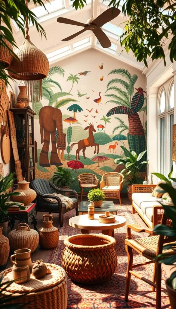 A vibrant journey through the evolution of Afrohemian decor, captured in a lush, sun-drenched scene. In the foreground, a curated collection of handcrafted textiles, woven baskets, and intricate wood carvings in warm, earthy tones, reflecting the rich cultural heritage. The middle ground showcases a harmonious blend of traditional and modern furnishings, from ornate carved chairs to sleek midcentury-inspired tables, all infused with a vibrant, eclectic spirit. In the background, a mural-like wall mural depicts the diverse influences that have shaped Afrohemian style over time, with bold patterns, vibrant colors, and symbolic imagery. The scene is bathed in soft, natural light, creating a welcoming, cozy atmosphere that celebrates the evolution of this distinctive design aesthetic.