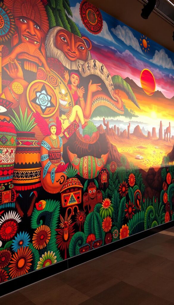 A vibrant, large-scale mural depicting a collage of Indigenous artworks from around the world. In the foreground, bold, colorful patterns and intricate symbols adorn traditional textiles, pottery, and woodcarvings. The middle ground features painted figures and mythical creatures, each with distinct cultural iconography. In the background, a panoramic landscape emerges, showcasing diverse environments like lush rainforests, rugged mountain ranges, and sprawling deserts. The lighting is warm and natural, casting a soft, ambient glow across the scene. The overall composition is dynamic, visually striking, and imbued with a strong sense of cultural heritage and storytelling. A vibrant, large-scale mural depicting a collage of Indigenous artworks from around the world. In the foreground, bold, colorful patterns and intricate symbols adorn traditional textiles, pottery, and woodcarvings. The middle ground features painted figures and mythical creatures, each with distinct cultural iconography. In the background, a panoramic landscape emerges, showcasing diverse environments like lush rainforests, rugged mountain ranges, and sprawling deserts. The lighting is warm and natural, casting a soft, ambient glow across the scene. The overall composition is dynamic, visually striking, and imbued with a strong sense of cultural heritage and storytelling.