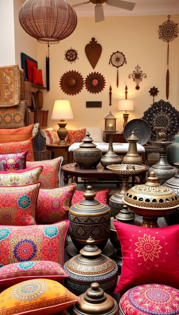 A vibrant online marketplace showcasing an eclectic array of authentic Desi home decor items. In the foreground, an array of intricately designed throw pillows, colorful Indian textiles, and handcrafted pottery pieces are artfully displayed against a backdrop of warm, earthy tones. The middle ground features a selection of ornate brass lamps, carved wooden serving trays, and intricate metal wall hangings, all infused with traditional Desi motifs and patterns. The background reveals a softly lit, minimalist setting with clean-lined furniture and neutral walls, allowing the vibrant Desi accents to take center stage. The overall scene conveys a sense of cultural richness, craftsmanship, and a cozy, inviting atmosphere, perfect for showcasing the beauty and diversity of Desi home decor. A vibrant online marketplace showcasing an eclectic array of authentic Desi home decor items. In the foreground, an array of intricately designed throw pillows, colorful Indian textiles, and handcrafted pottery pieces are artfully displayed against a backdrop of warm, earthy tones. The middle ground features a selection of ornate brass lamps, carved wooden serving trays, and intricate metal wall hangings, all infused with traditional Desi motifs and patterns. The background reveals a softly lit, minimalist setting with clean-lined furniture and neutral walls, allowing the vibrant Desi accents to take center stage. The overall scene conveys a sense of cultural richness, craftsmanship, and a cozy, inviting atmosphere, perfect for showcasing the beauty and diversity of Desi home decor.