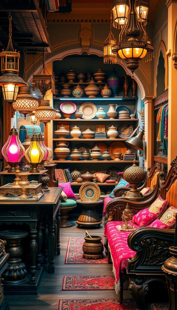 A vibrant online marketplace showcasing the rich tapestry of authentic Indian home decor. In the foreground, an array of intricately carved wooden furniture, intricate brass and copper lamps, and vibrant textiles in a kaleidoscope of colors. In the middle ground, shelves displaying handcrafted ceramics, woven baskets, and embroidered cushions. The background features a warm, softly lit setting, hinting at the traditional architectural elements of an Indian home, such as ornate archways and carved window frames. The overall atmosphere evokes a sense of cultural heritage, craftsmanship, and the allure of bringing the essence of India into one's living space.