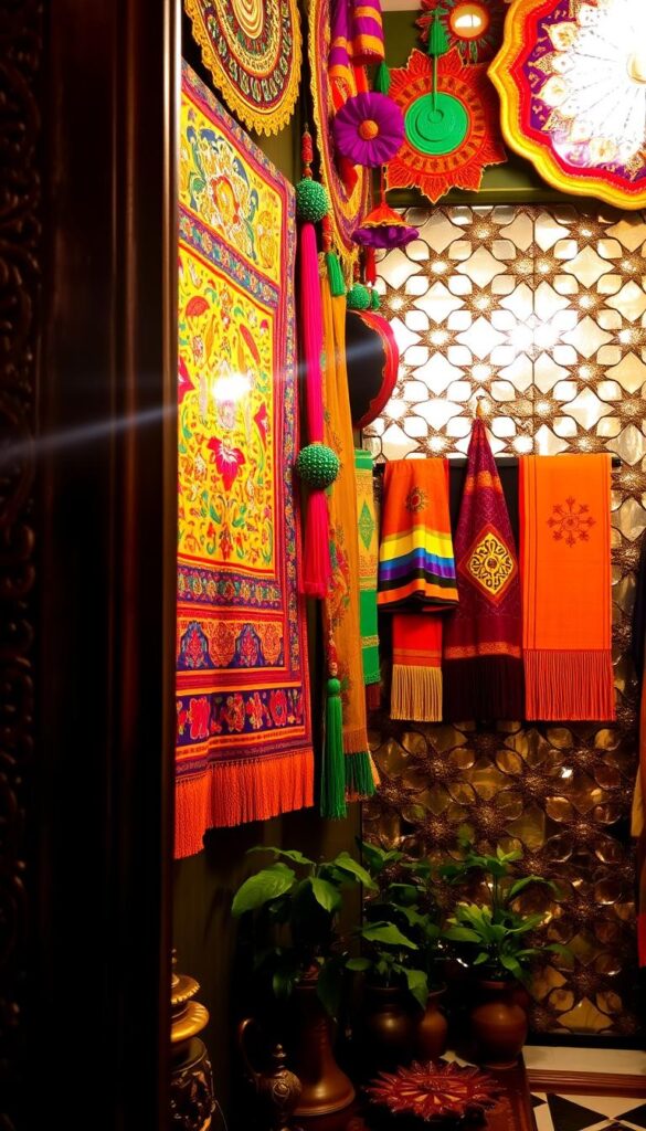 A vibrant, richly textured Indian wall decor scene, showcasing an array of traditional artistic elements. In the foreground, a series of intricately carved wooden panels adorned with intricate floral and geometric patterns, casting warm, soft lighting across the space. In the middle ground, a collection of colorful handwoven tapestries and wall hangings, their vibrant hues and intricate embroidery adding depth and visual interest. In the background, a mosaic of mirrored tiles and inlaid stone work, reflecting the light and creating an enchanting, kaleidoscopic effect. The overall atmosphere is one of cultural heritage, craftsmanship, and a celebration of India's vibrant artistic traditions.