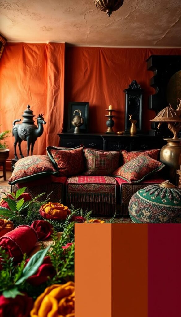 A vibrant, richly-textured color palette inspired by global ethnic design aesthetics. In the foreground, a mix of bold, saturated hues - deep ochres, terracotta reds, and earthy greens - evoke the warmth and vibrancy of ancient spice markets. The middle ground features intricate, patterned textiles in jewel-toned hues, layered to create a cozy, layered look. In the background, shadowy silhouettes of carved wooden furniture and metallic accents glimmer under soft, diffused lighting, evoking an intimate, moody atmosphere. The overall scene radiates a sense of cultural richness and timeless, global style.
